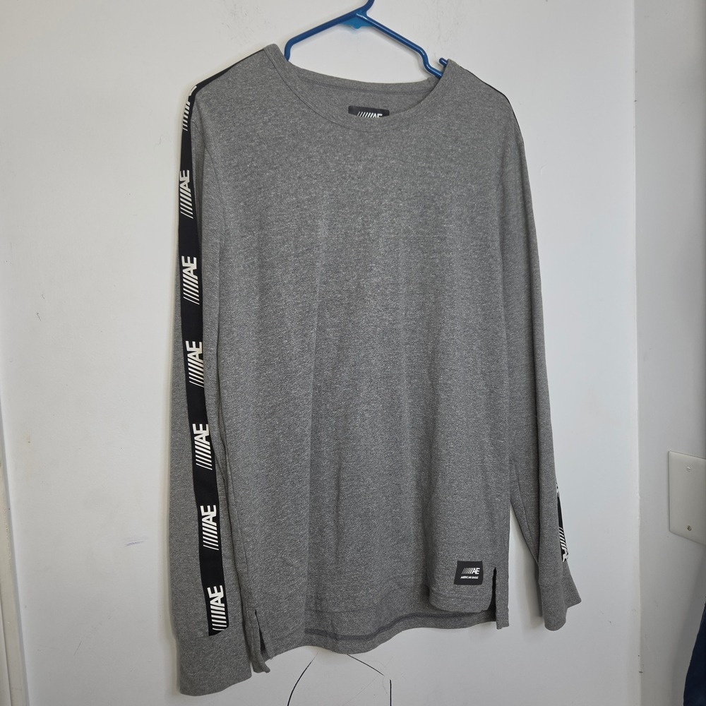 American Eagle Mens Flex Long Sleeve T-Shirt Gray Logo Tape Crew Neck Medium